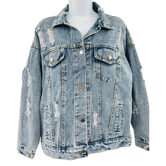 J.NNA Women's Distressed Denim Jean Jacket Small Flower Patch Beads Sequins - Picture 2 of 14